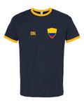 Colombia Soccer Ringer Tee 2026 — Retro National Crest — Navy/Gold | NYC Factory