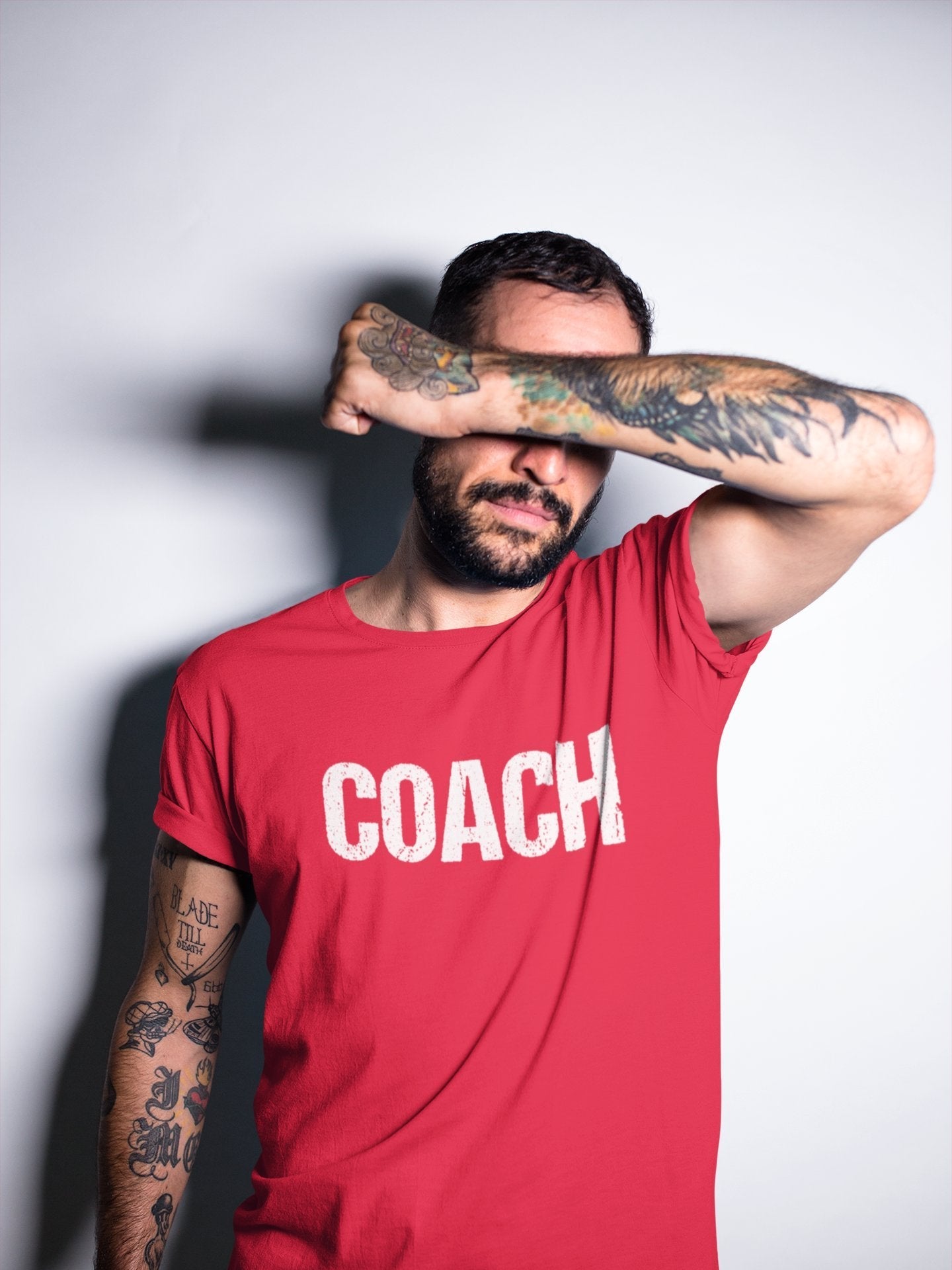 Coach T-Shirt Sports Coaching Tee Shirt (Red & White, Distressed)