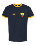 Ecuador Soccer Ringer Tee 2026 — Retro National Crest — Navy/Gold | NYC Factory