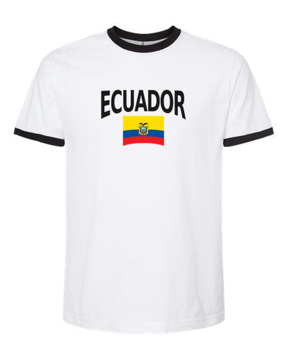Ecuador Soccer Ringer Tee 2026 — Classic Name & Flag | NYC Factory - White/Black