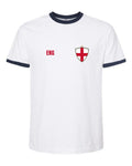 England Soccer Ringer Tee 2026 — Retro National Crest — White/Navy | NYC Factory