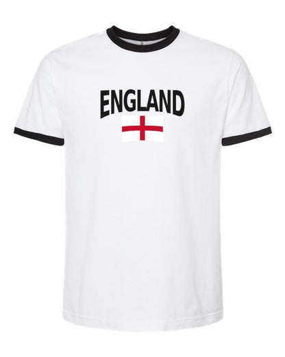 England Soccer Ringer Tee 2026 — Classic Name & Flag | NYC Factory - White/Black