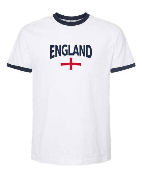 England Soccer Ringer Tee 2026 — Classic Name & Flag | NYC Factory - white_navy