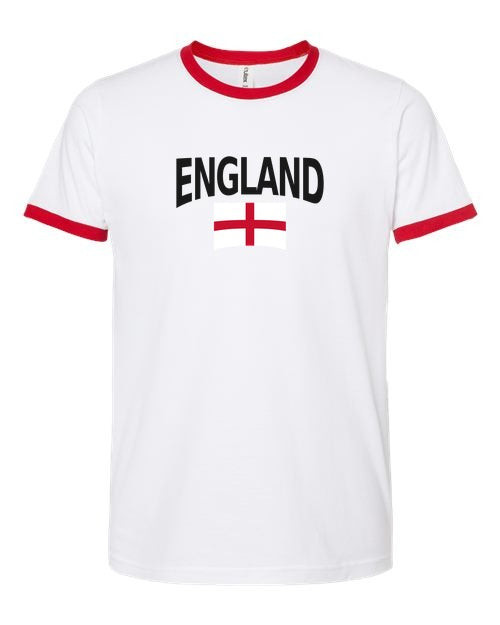England Soccer Ringer Tee 2026 — Classic Name & Flag | NYC Factory - white_red