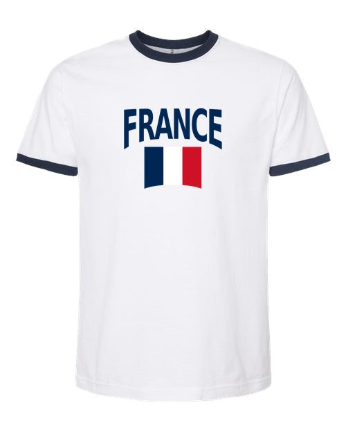 France Soccer Ringer Tee 2026 — Classic Name & Flag | NYC Factory - white_navy