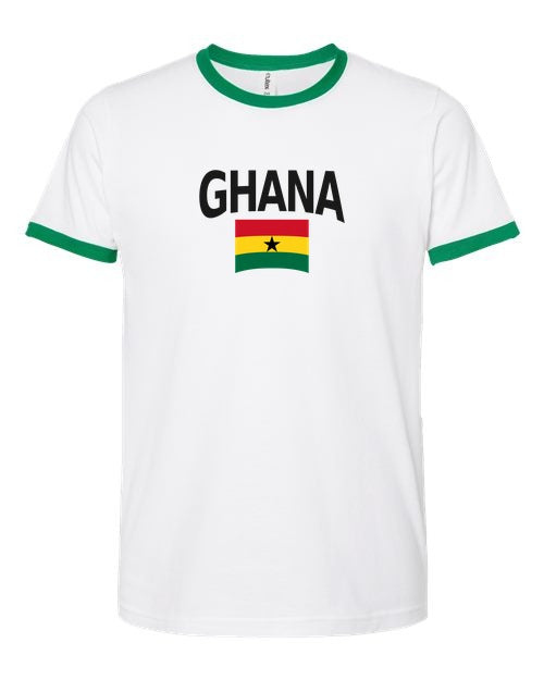 Ghana Soccer Ringer Tee 2026 — Classic Name & Flag | NYC Factory - white_green