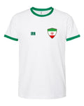 Iran Soccer Ringer Tee 2026 — Retro National Crest — White/Green | NYC Factory