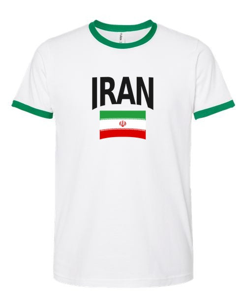 Iran Soccer Ringer Tee 2026 — Classic Name & Flag | NYC Factory - white_green