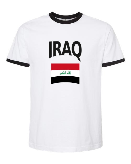 Iraq Soccer Ringer Tee 2026 — Classic Name & Flag | NYC Factory - White/Black
