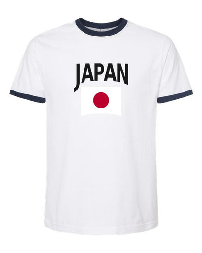 Japan Soccer Ringer Tee 2026 — Classic Name & Flag | NYC Factory - white_navy