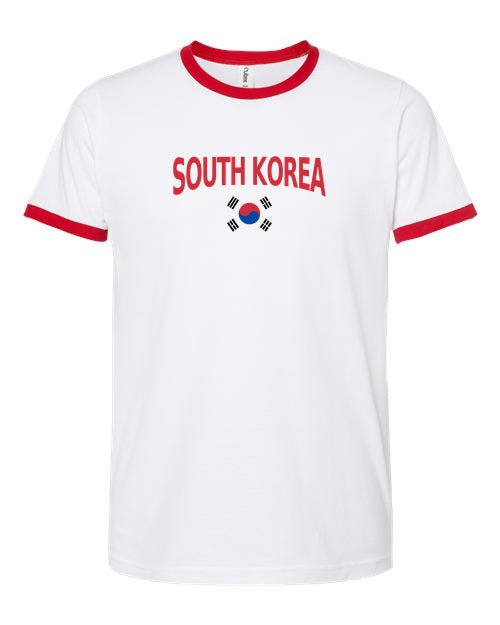 South Korea Soccer Ringer Tee 2026 — Classic Name & Flag | NYC Factory - white_red