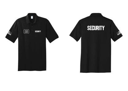 NYC Factory Men's Custom Logo Security Polo Shirt - SECURITY + Your Logo + Back + US Flag Sleeve - Black