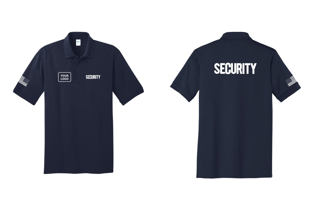 NYC Factory Men's Custom Logo Security Polo Shirt - SECURITY + Your Logo + Back + US Flag Sleeve - Navy