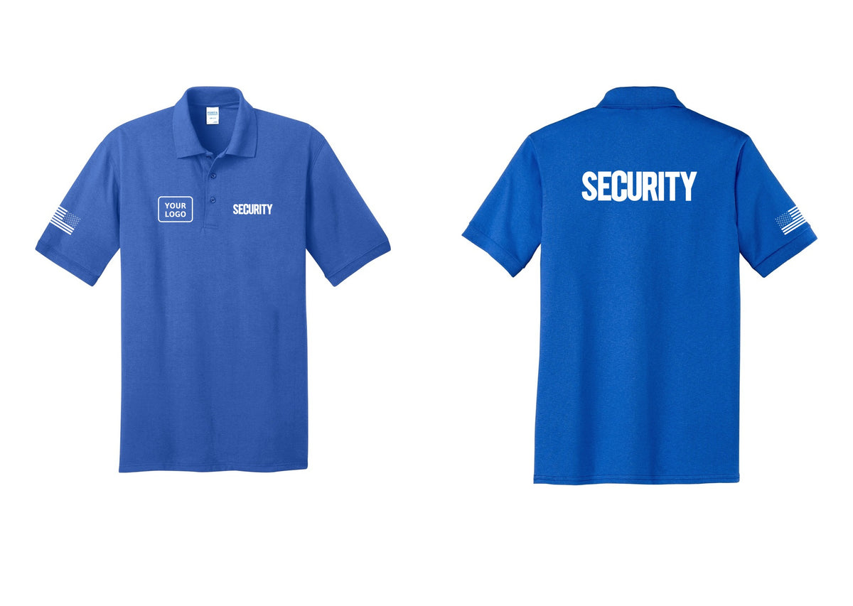 NYC Factory Men's Custom Logo Security Polo Shirt - SECURITY + Your Logo + Back + US Flag Sleeve - Royal