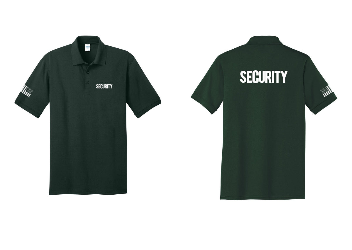 NYC Factory Men's Security Polo Shirt - Chest + Back + US Flag Sleeve - Dark Green