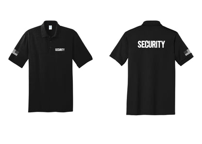 NYC Factory Men's Security Polo Shirt - Chest + Back + US Flag Sleeve - Black