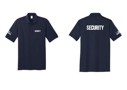 NYC Factory Men's Security Polo Shirt - Chest + Back + US Flag Sleeve - Navy