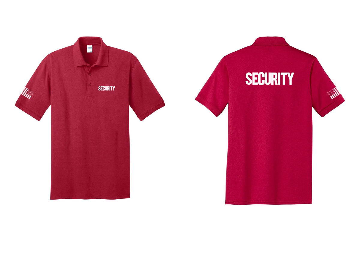 NYC Factory Men's Security Polo Shirt - Chest + Back + US Flag Sleeve - Red
