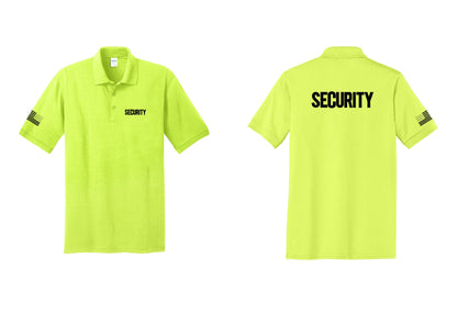 NYC Factory Men's Security Polo Shirt - Chest + Back + US Flag Sleeve - Safety Green
