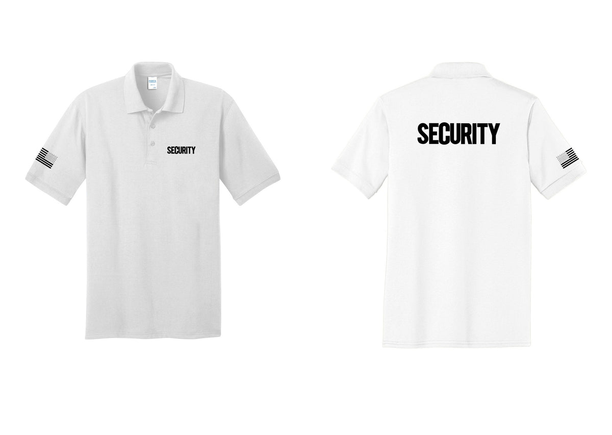 NYC Factory Men's Security Polo Shirt - Chest + Back + US Flag Sleeve - White