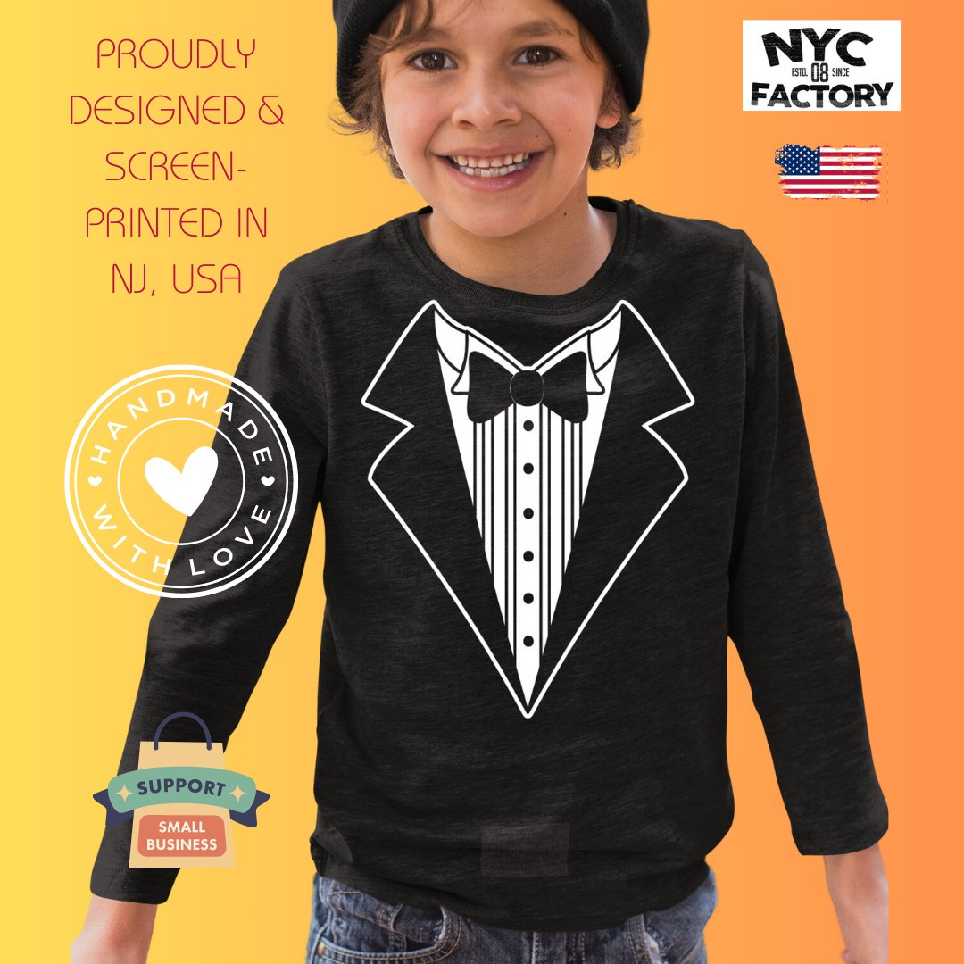 Kids Tuxedo Tee Long Sleeve Funny T-Shirt Youth Black Bowtie & Rose