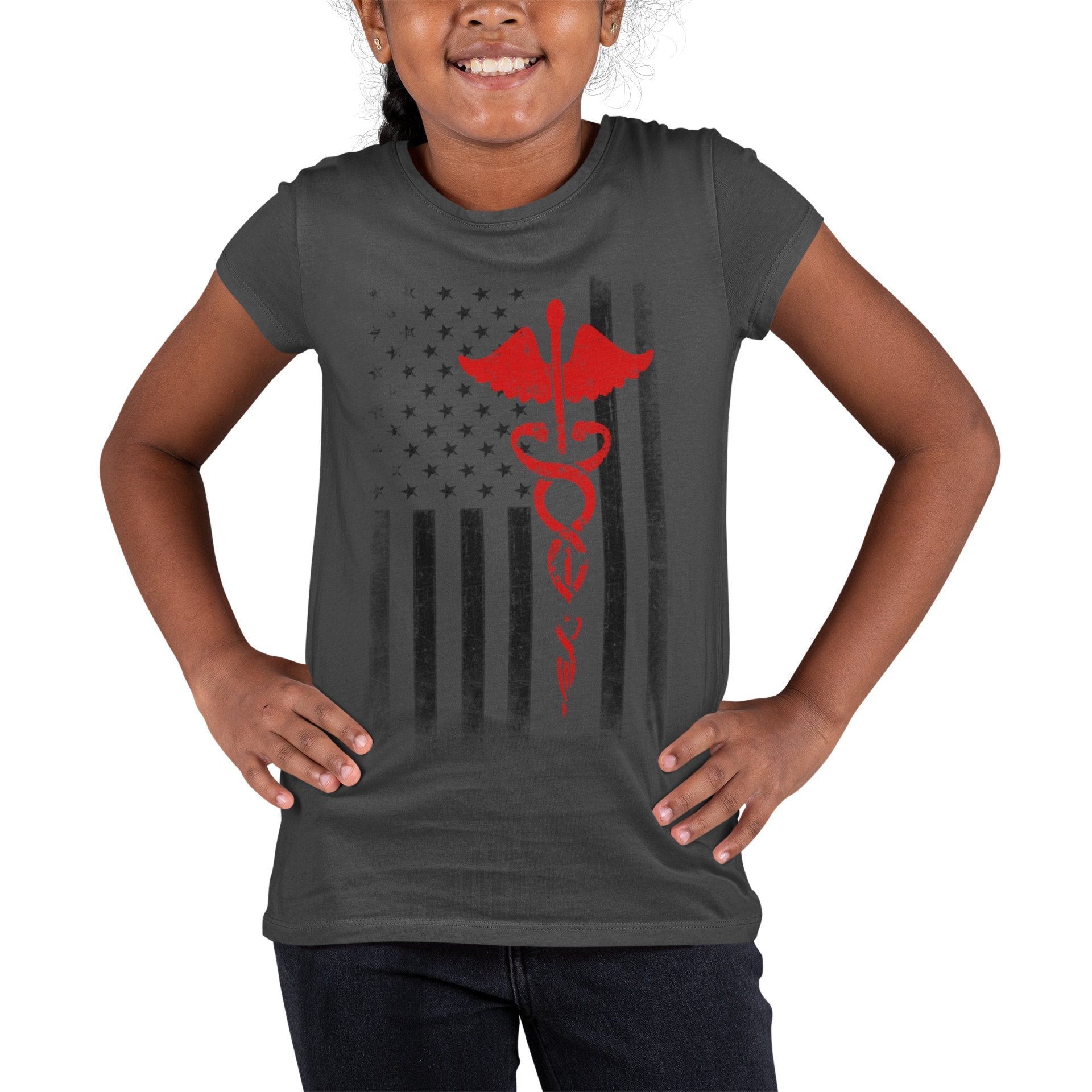 Kids USA Flag Red Tee Support Our Heroes EMT Nurses Boys Girls Youth T-Shirt