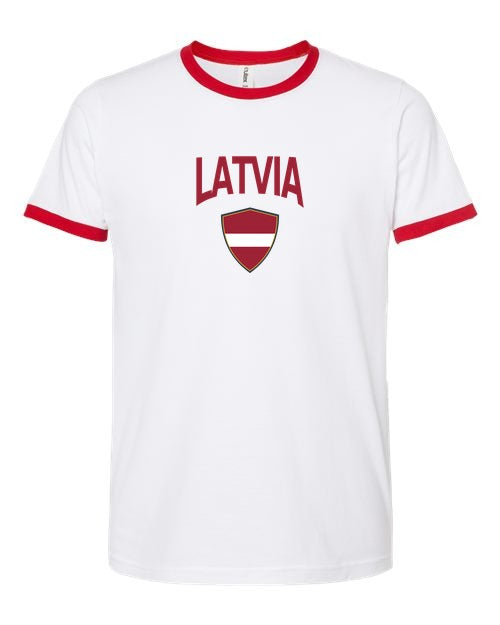 Latvia Arched Crest Soccer Ringer Tee — NYC Factory