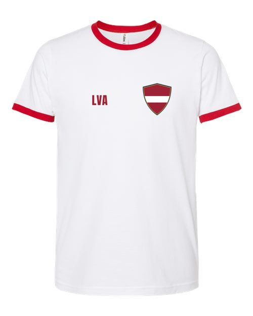 Latvia Soccer Ringer Tee — Retro National Crest | NYC Factory