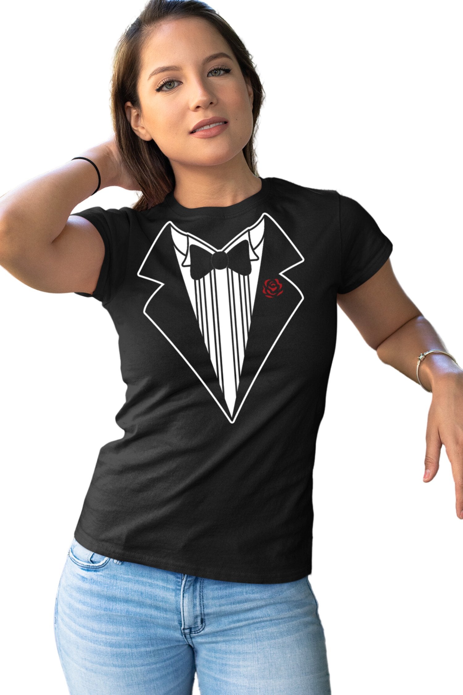 Ladies Funny Tuxedo T-Shirt Womens Party Tux Tee Black Bowtie & Rose