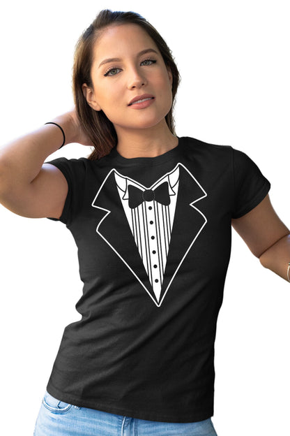 Ladies Funny Tuxedo T-Shirt Womens Party Tux Tee Black Bowtie & Rose