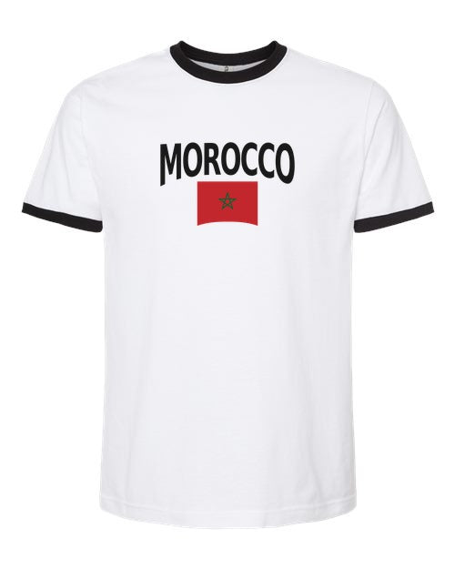 Morocco Soccer Ringer Tee 2026 — Classic Name & Flag | NYC Factory - White/Black