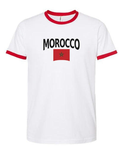 Morocco Soccer Ringer Tee 2026 — Classic Name & Flag | NYC Factory - white_red