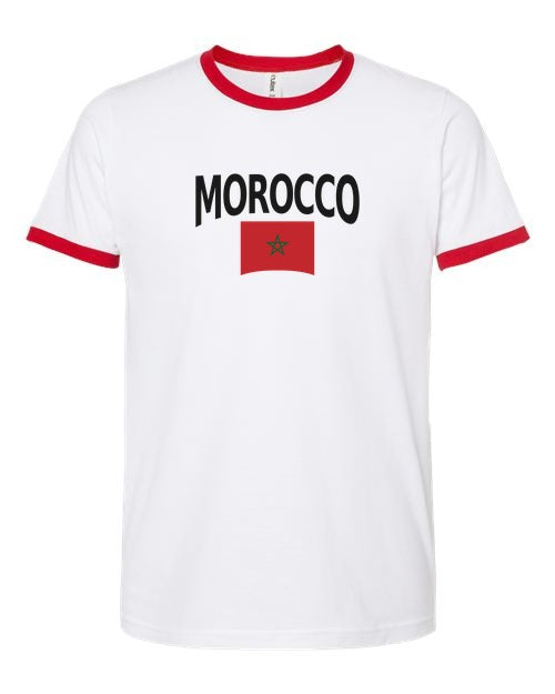 Morocco Soccer Ringer Tee 2026 — Classic Name & Flag | NYC Factory - white_red