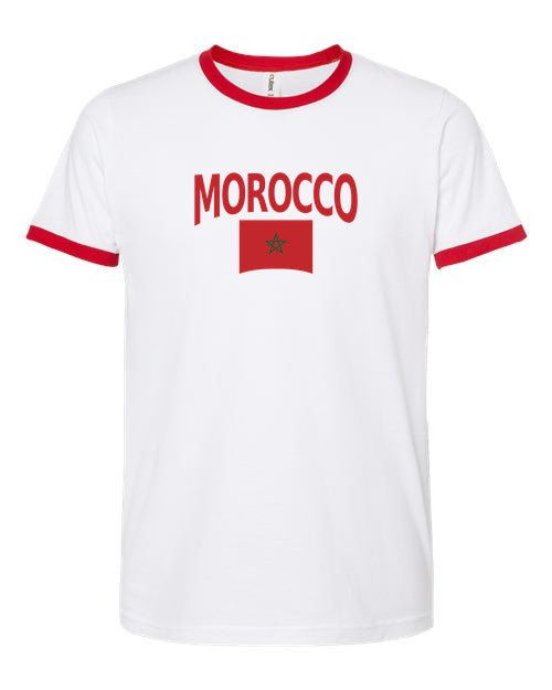 Morocco Soccer Ringer Tee 2026 — Classic Name & Flag | NYC Factory - white_red