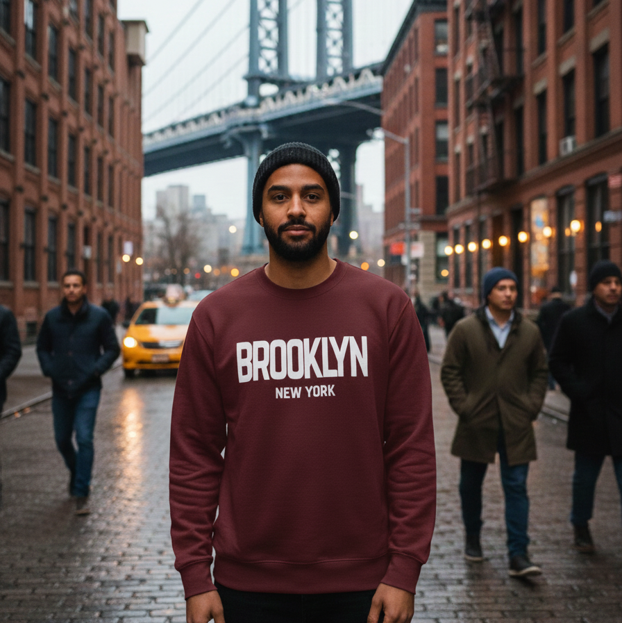 Man wearing a 'Brooklyn New York' sweatshirt standing in an urban setting with the Brooklyn Bridge in the background.