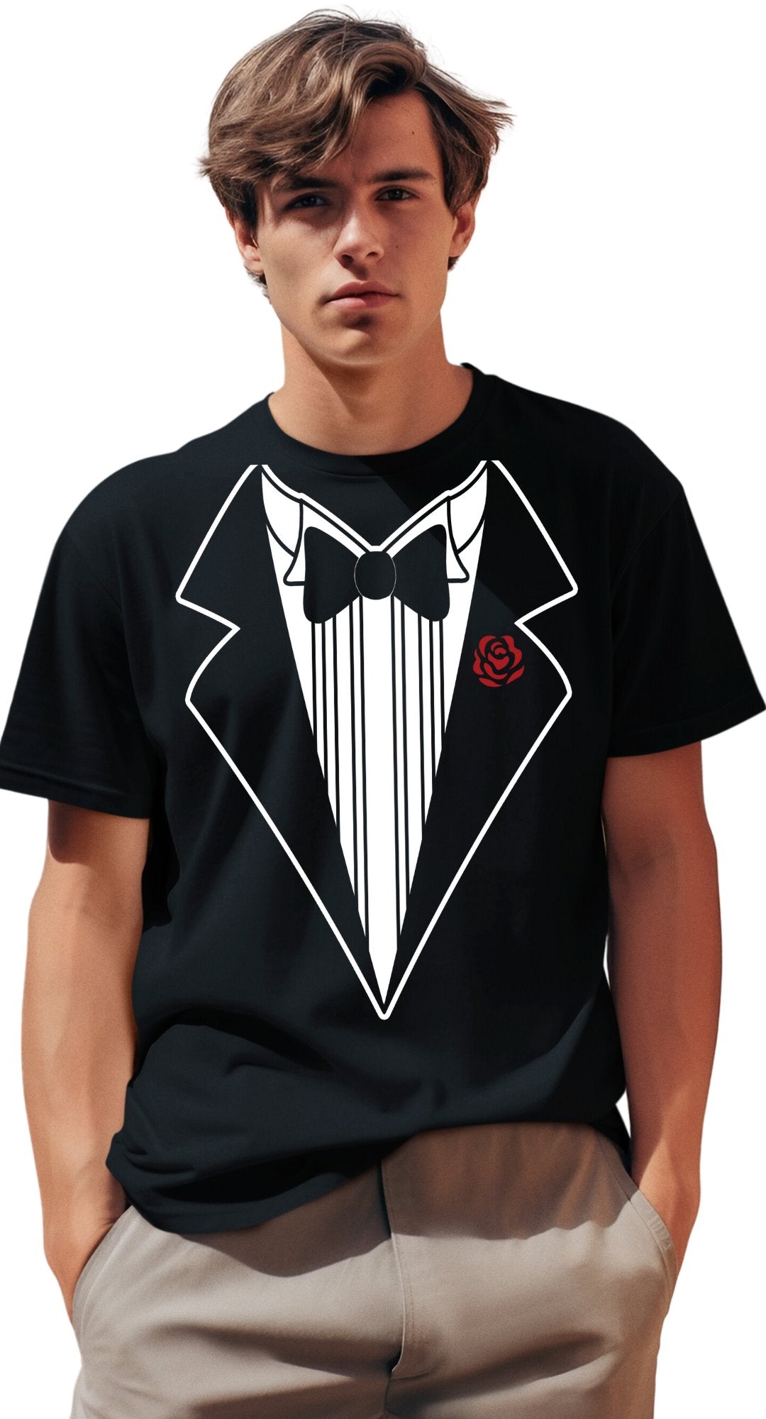 Men's Funny Tuxedo T-Shirt Black Rose & Bowtie Bachelor Party