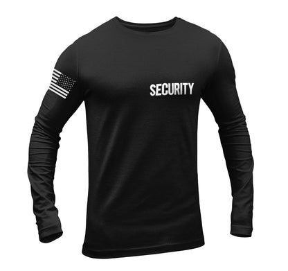 Men's Long Sleeve Security T-Shirt (Black/White, Chest, Back & Sleeve, Solid Design)