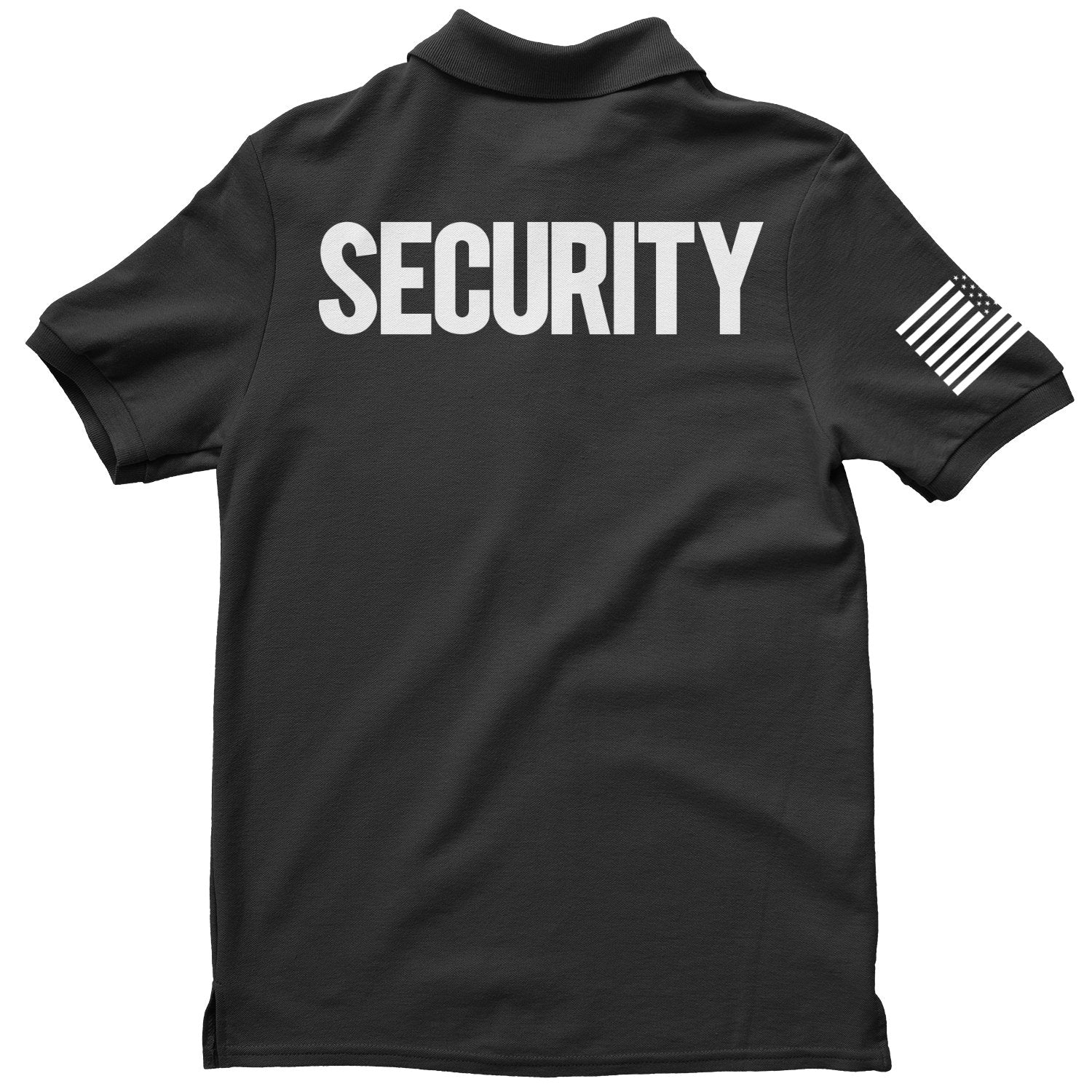 Mens Security Polo Shirt Front Back Print (Solid, USA Flag Sleeve, Black & White)