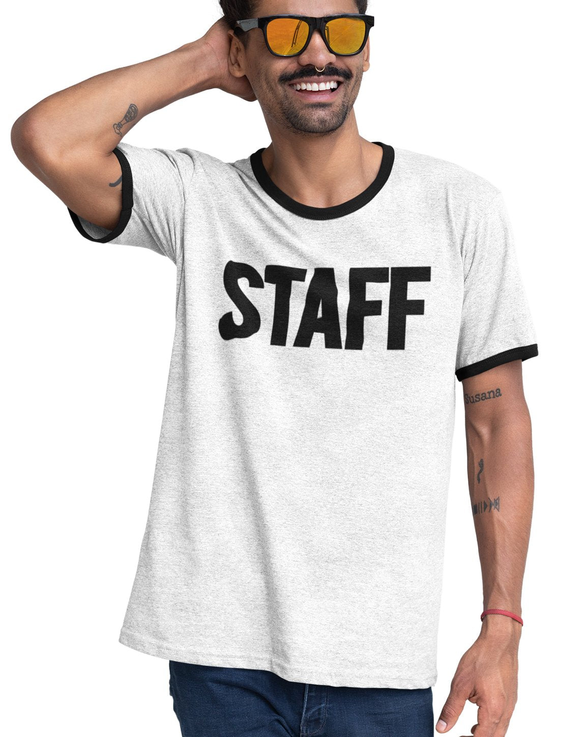 Men's Staff Ringer T-Shirt Front Back Screen Print Tee (BB, White & Black)