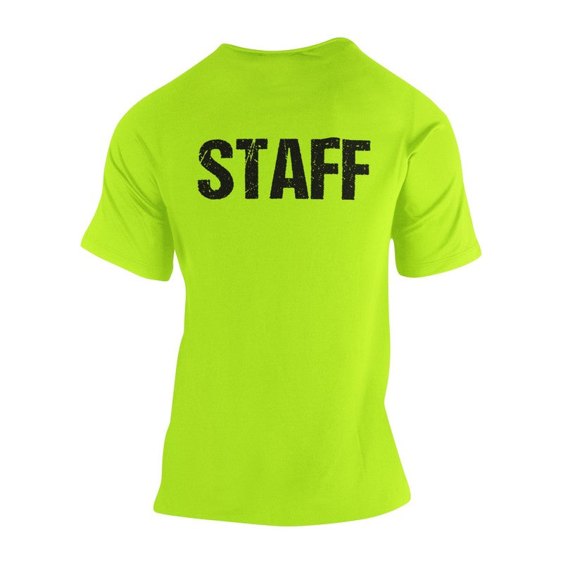 Men's Staff T-Shirt Front & Back Print (Distressed Design, Safety Green / Black)