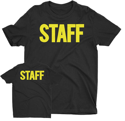 Men's Staff T-Shirt Front Back Screen Print Tee (BB, Black & Neon)