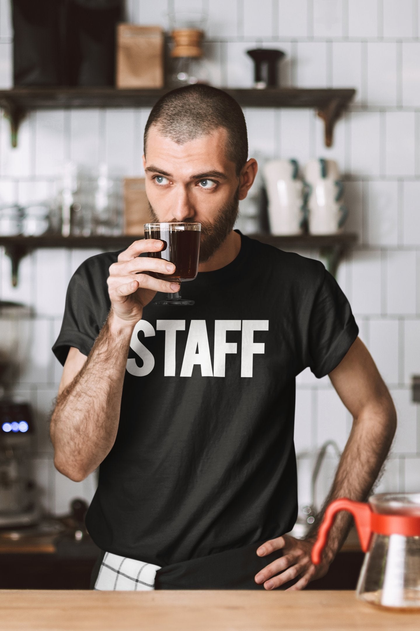 Men's Staff T-Shirt Front Back Screen Print Tee (BB, Maroon & White)