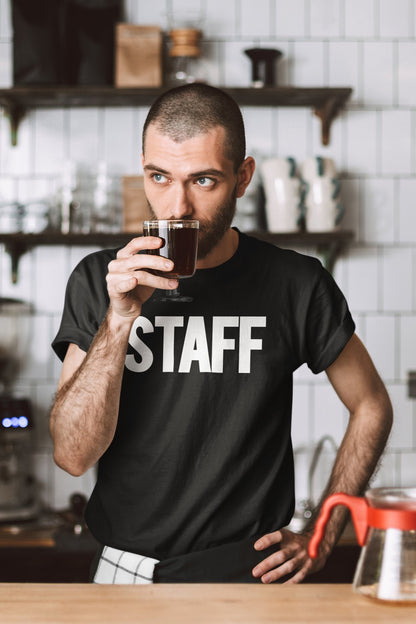 Men's Staff T-Shirt Front Back Screen Print Tee (BB, Maroon & White)