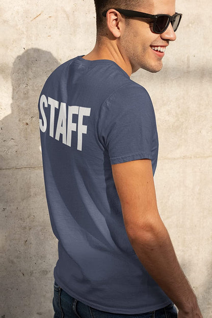 Men's Staff T-Shirt Screen Print Tee (Chest & Back Print, Heather Denim & White)