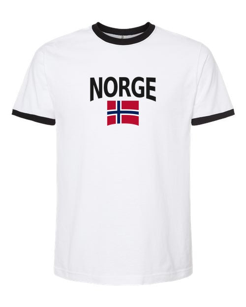 Norway Soccer Ringer Tee 2026 — Classic Name & Flag | NYC Factory - White/Black