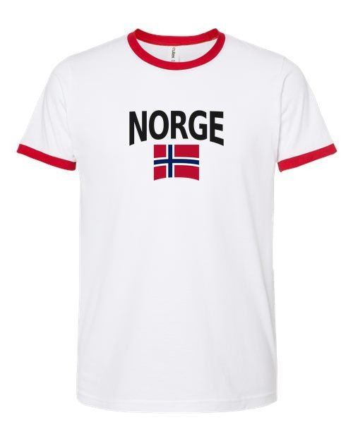 Norway Soccer Ringer Tee 2026 — Classic Name & Flag | NYC Factory - white_red