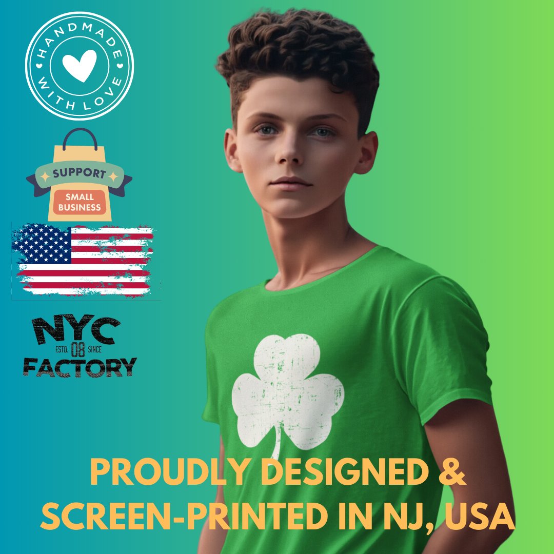 NYC FACTORY USA Screen Printed Shamrock Youth T-Shirt Distressed Tee Kids Irish Green