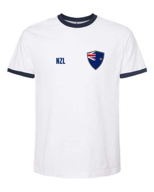 New Zealand Soccer Ringer Tee 2026 - Retro National Crest | NYC Factory - White/Navy