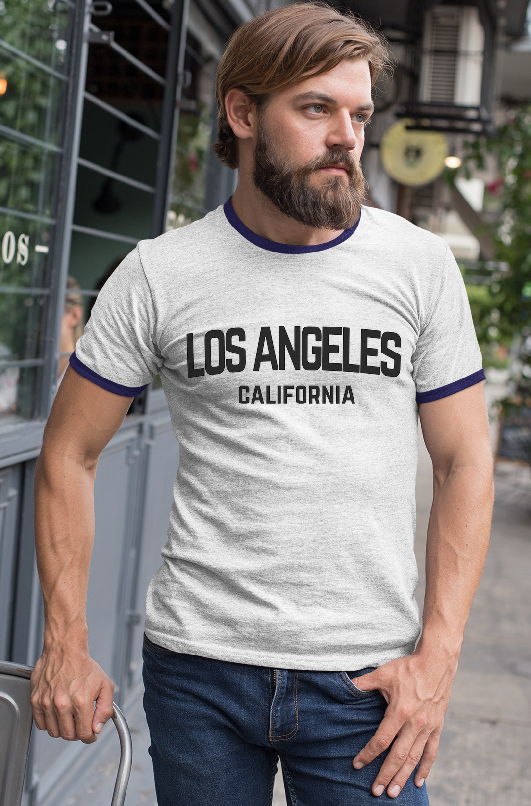 Los Angeles California Retro Black Design Custom Mens Ringer T-Shirt Customized Tee White/Navy