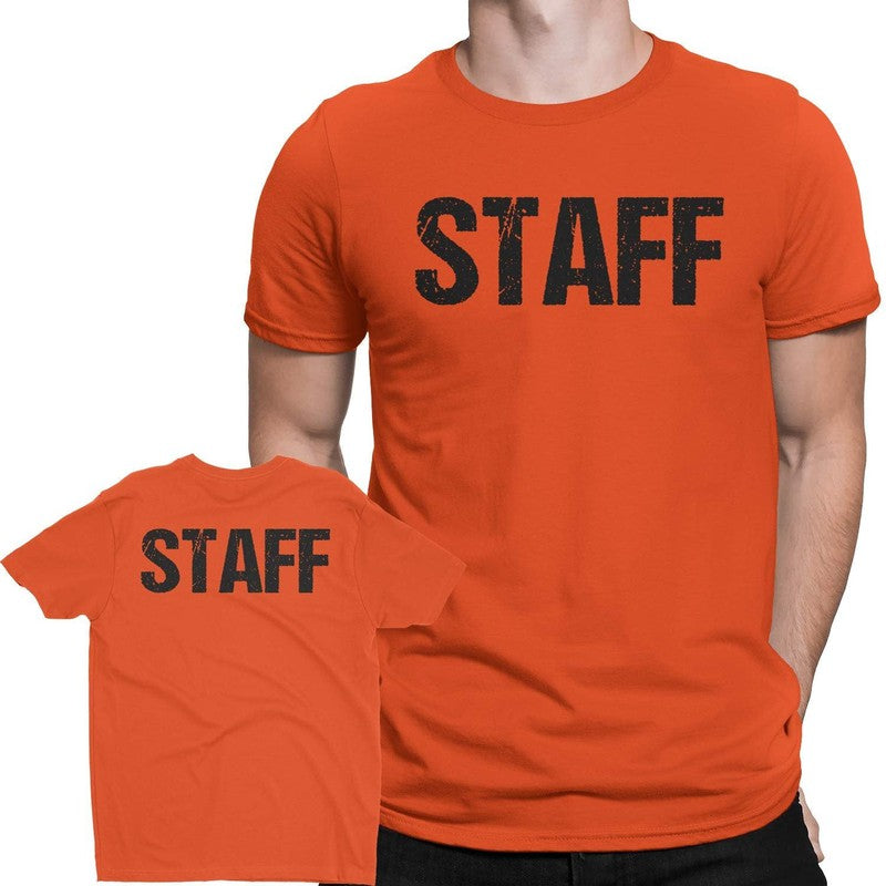 Neon Orange Staff T-Shirt Front & Back Print Mens Event Shirt Tee